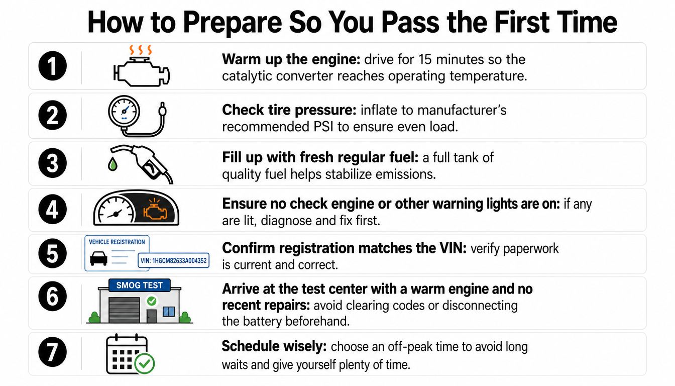 A step-by-step checklist infographic showing seven tips for preparing a vehicle to pass a smog test.