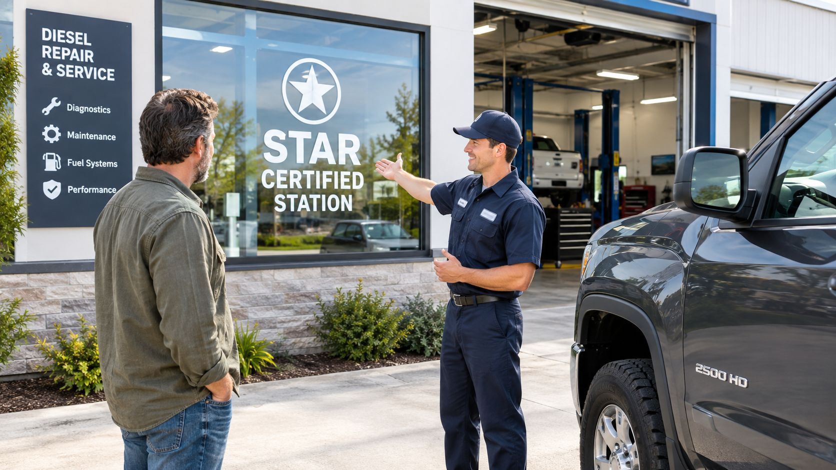 A friendly mechanic in a blue uniform greeting a customer outside a diesel repair and service station.