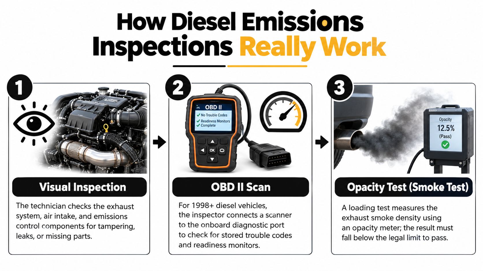 An infographic showing the three steps of a diesel emissions inspection: visual inspection, OBD II scan, and smoke test.