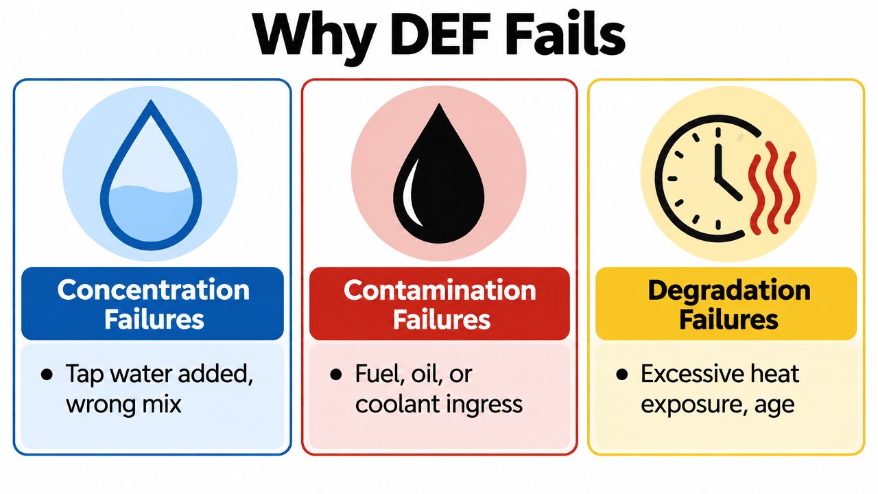 A graphic explaining why diesel exhaust fluid fails, featuring categories for concentration, contamination, and degradation failures.