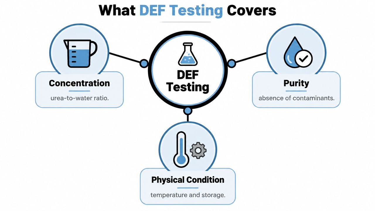 An infographic showing that diesel exhaust fluid testing evaluates concentration, purity, and the physical condition of the fluid.