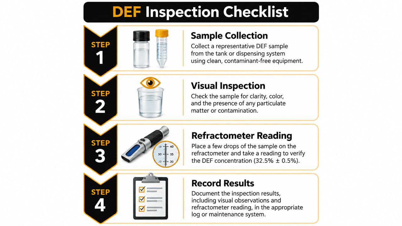 A four-step inspection checklist infographic for testing Diesel Exhaust Fluid, including sample collection, visual inspection, and measurement.