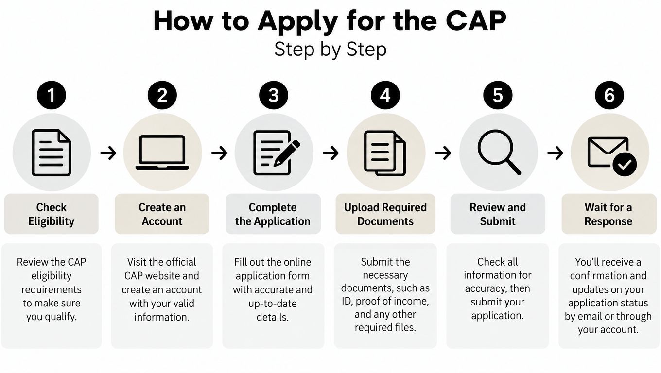 A six-step infographic guide explaining how to apply for the CAP program online.