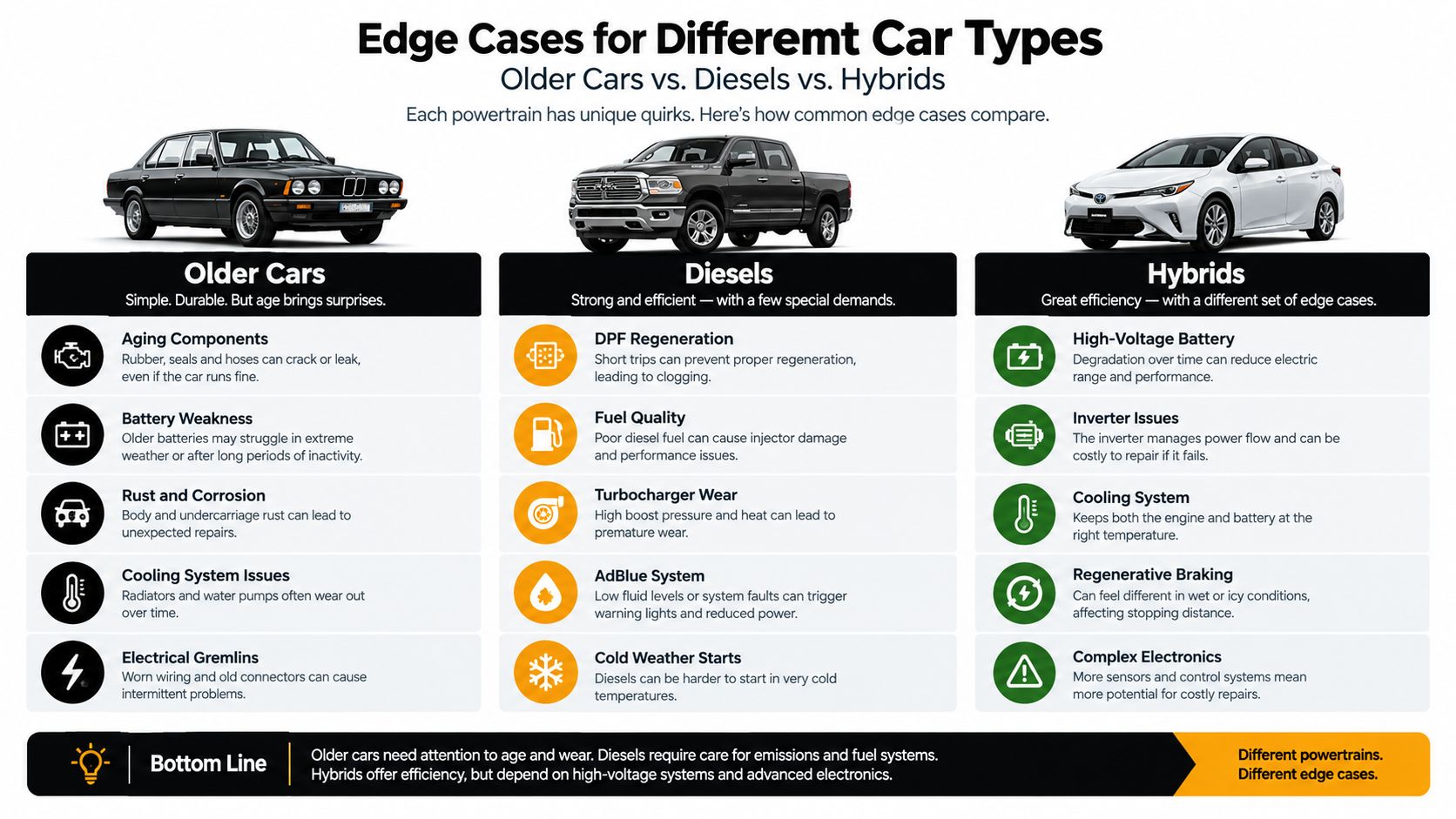 A comparison chart outlining common maintenance edge cases and reliability issues for older cars, diesels, and hybrid vehicles.