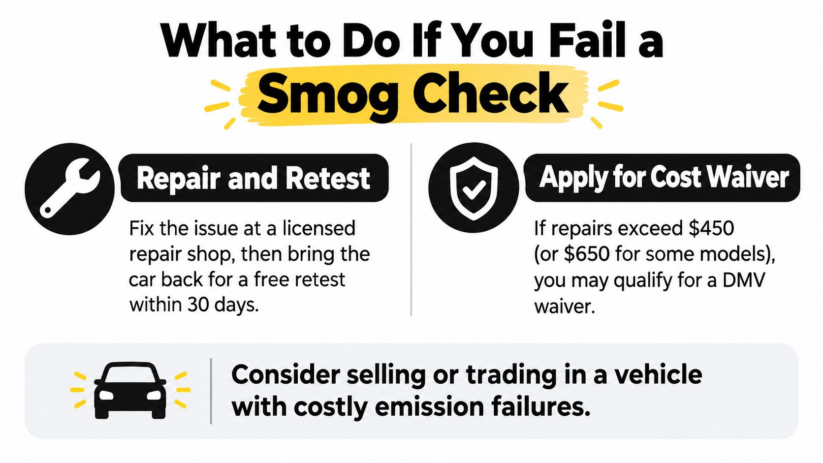 An infographic showing steps to take after failing a car smog check, including repairs, waivers, or selling.
