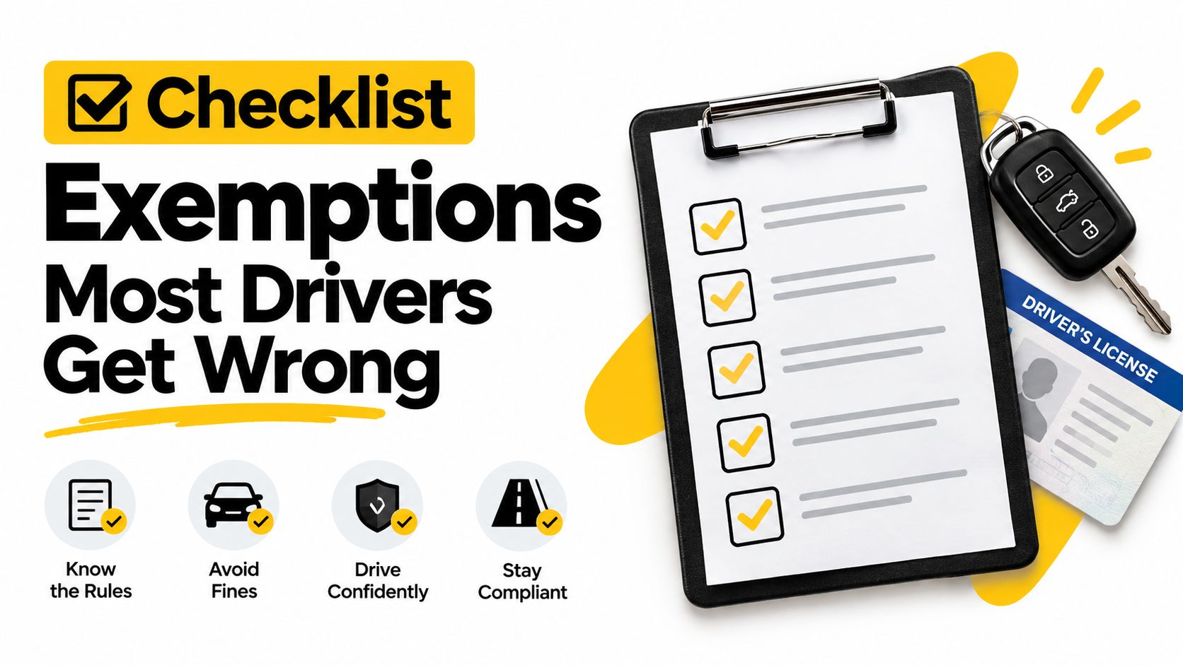 A checklist graphic about driver license exemptions, car keys, and a license on a yellow background.