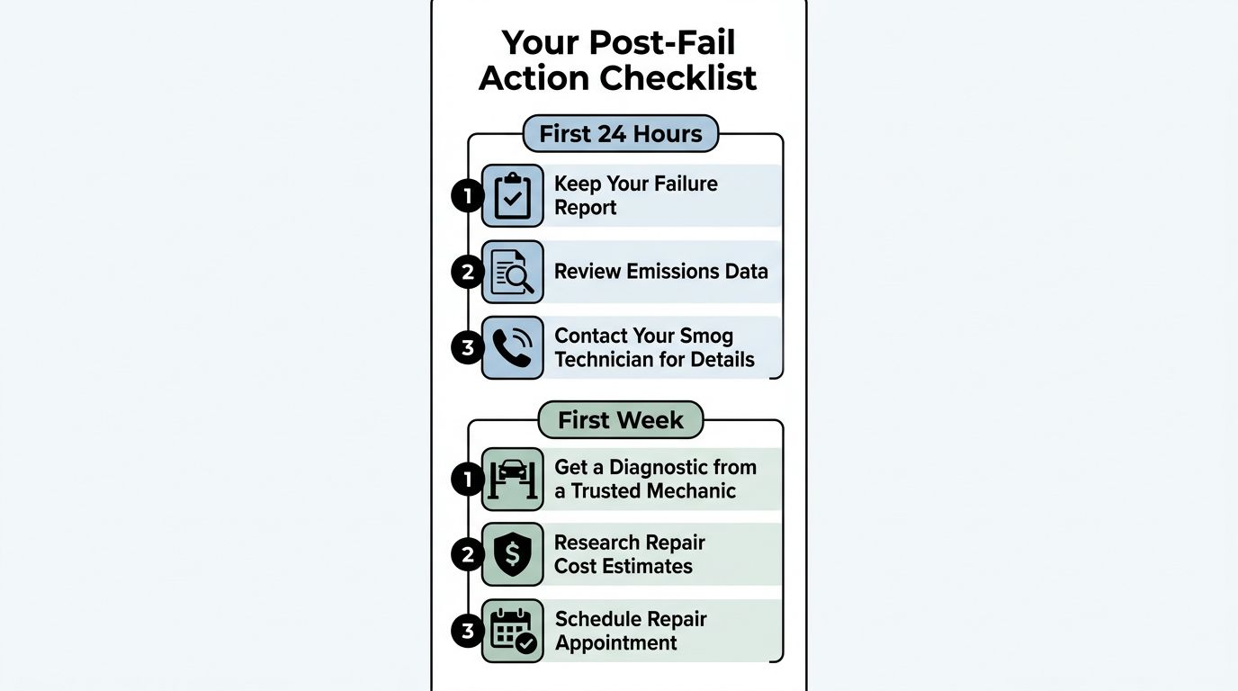A checklist for drivers who failed a smog check, outlining steps to take within 24 hours and one week.
