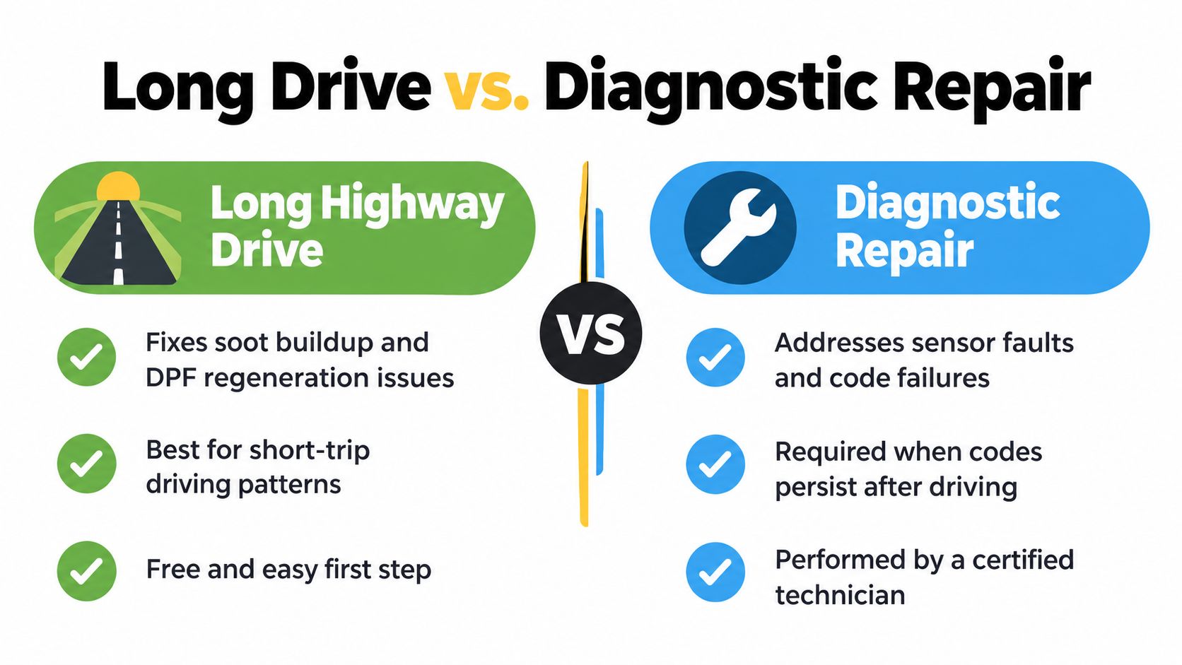 A comparison infographic between long highway driving and professional diagnostic repair for addressing vehicle emission issues.