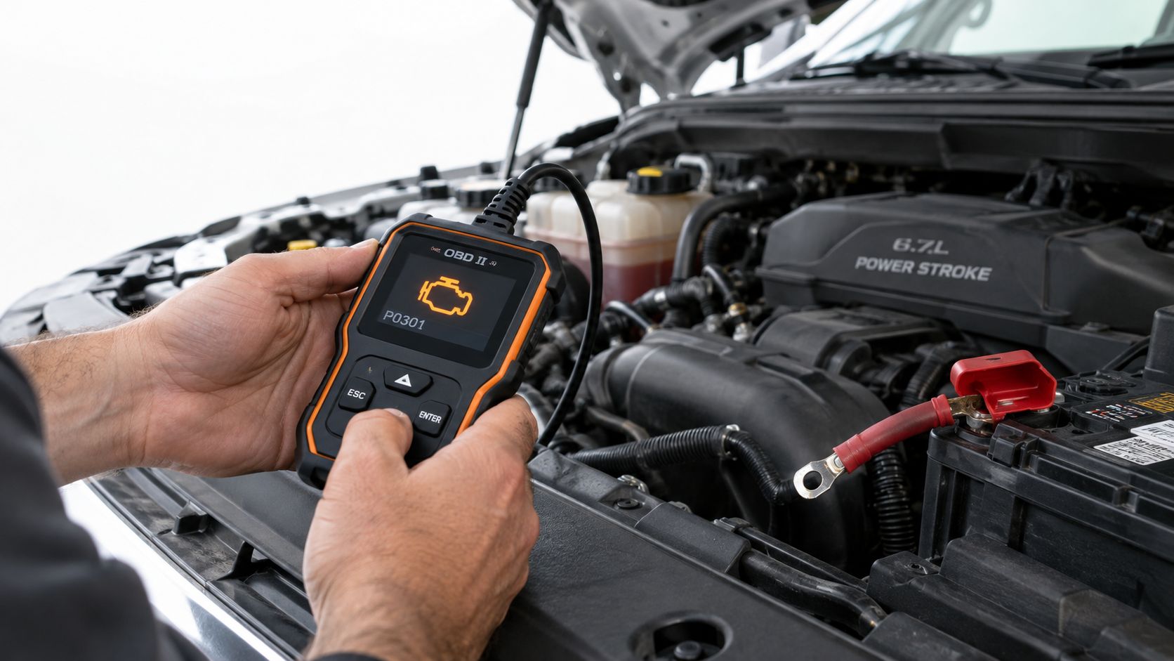 A technician using an OBD II scanner on a 6.7L Power Stroke diesel engine to diagnose issues.