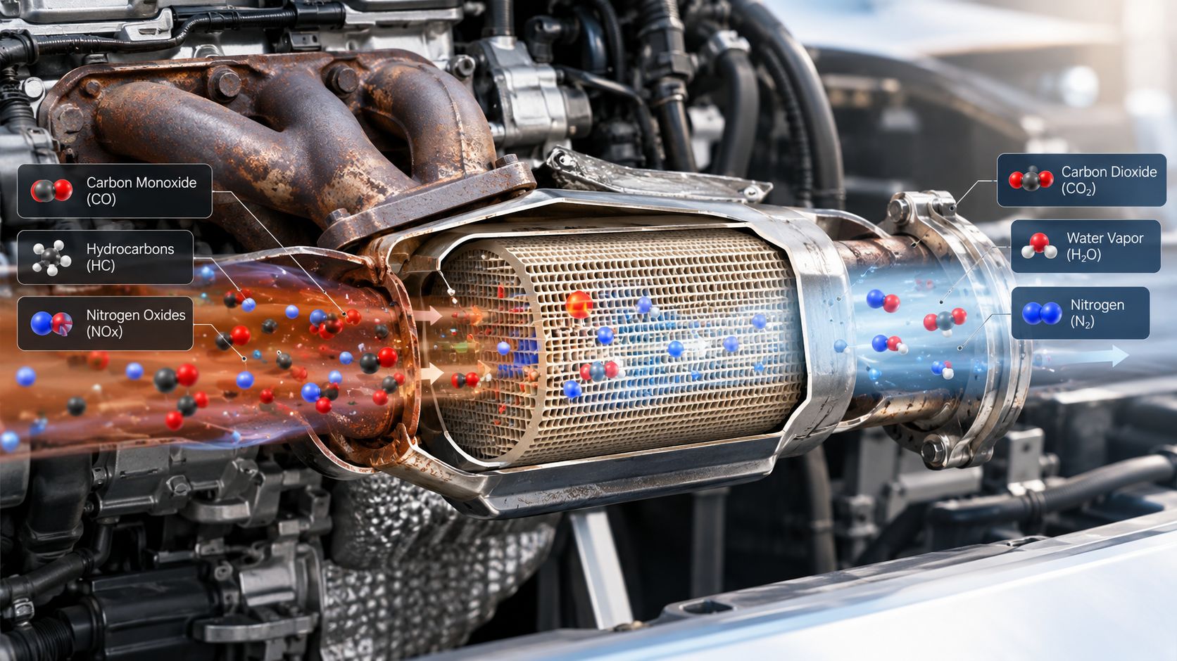 A close-up view of a car catalytic converter showing the chemical transformation of exhaust gases inside.