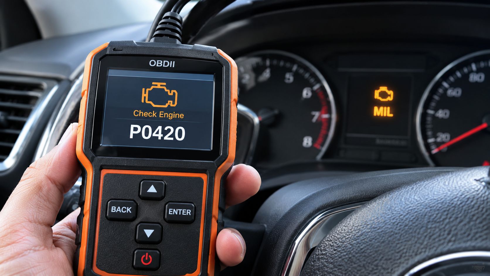 A hand holding an OBDII diagnostic scanner displaying error code P0420 in front of a car dashboard.