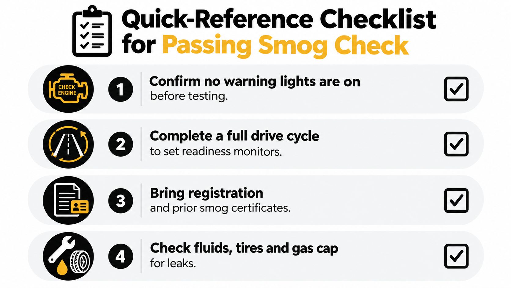 A checklist infographic outlining four key preparation steps for a vehicle to pass a smog check inspection.