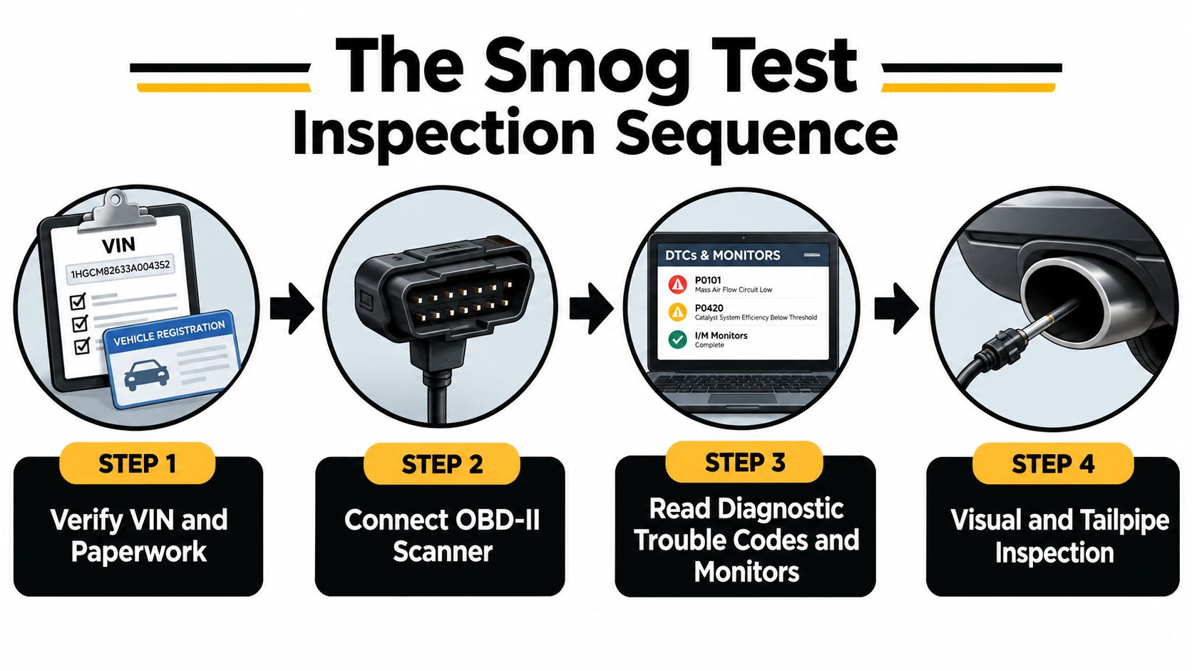 A four-step infographic illustrating the sequential process for a standard vehicle smog check inspection procedure.