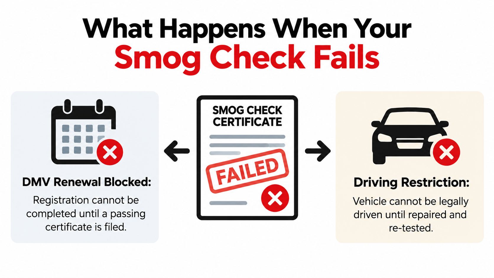 An infographic showing that a failed smog check results in blocked DMV registration and driving restrictions.