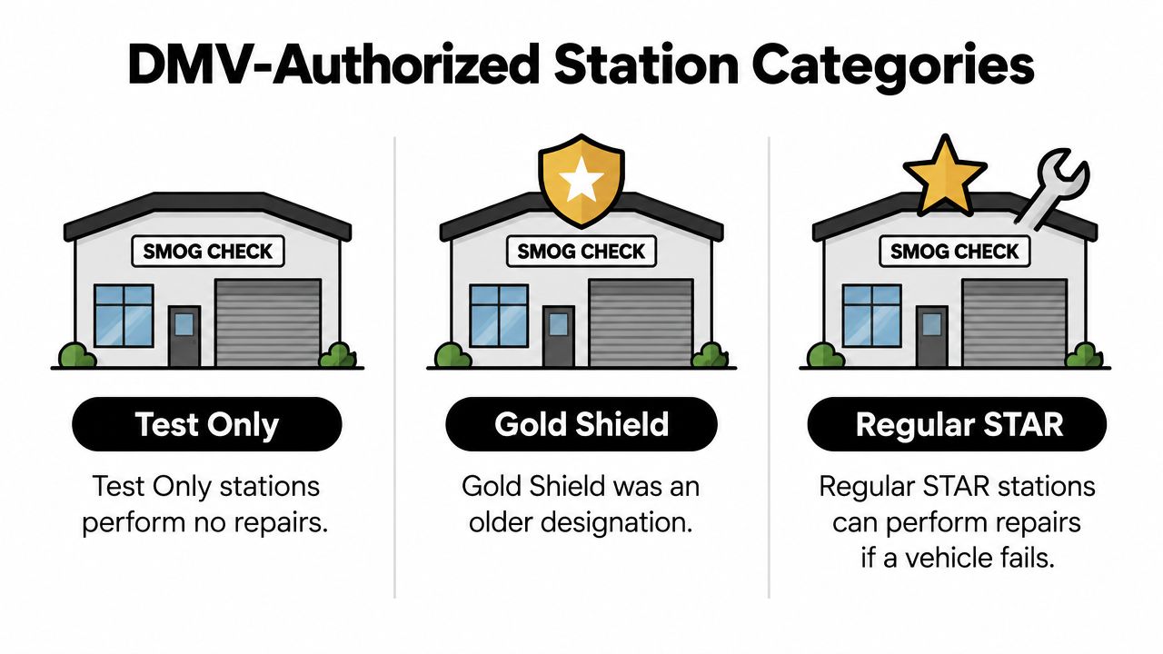 A diagram illustrating three different categories of DMV authorized smog check stations: Test Only, Gold Shield, and Regular STAR.