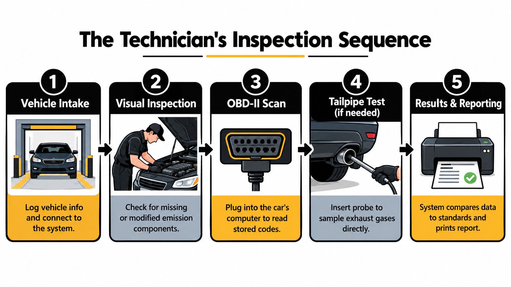 A five-step infographic showing the sequence for a technician to perform a vehicle emissions inspection test.