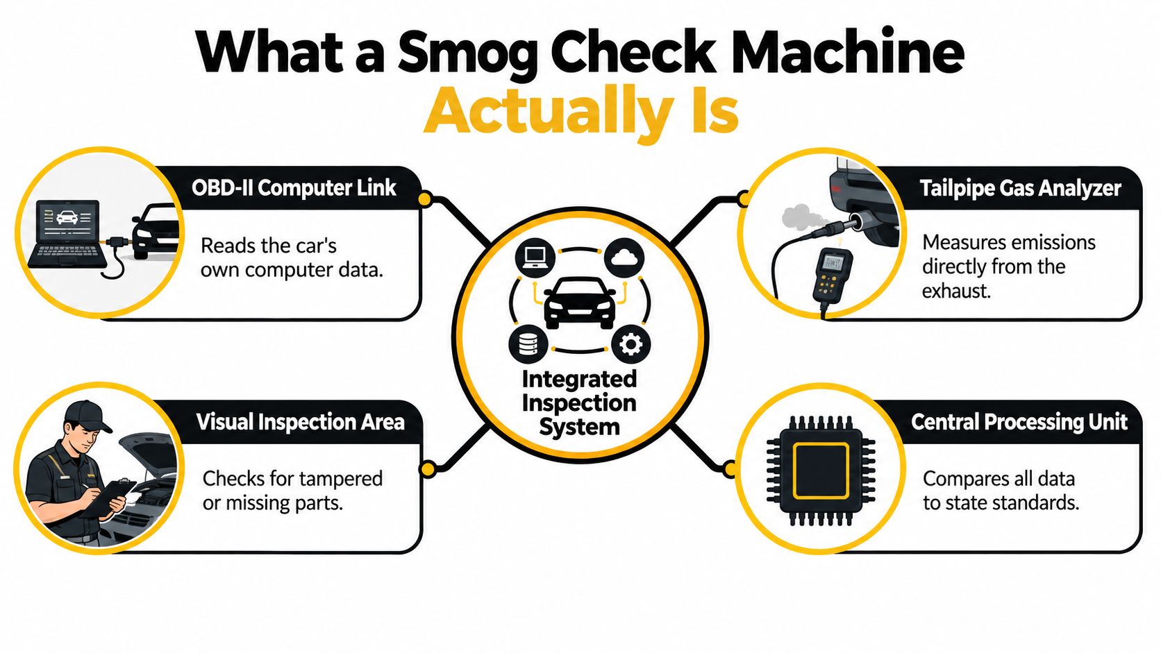 A diagram illustrating the four main components of an integrated smog check machine system for vehicles.