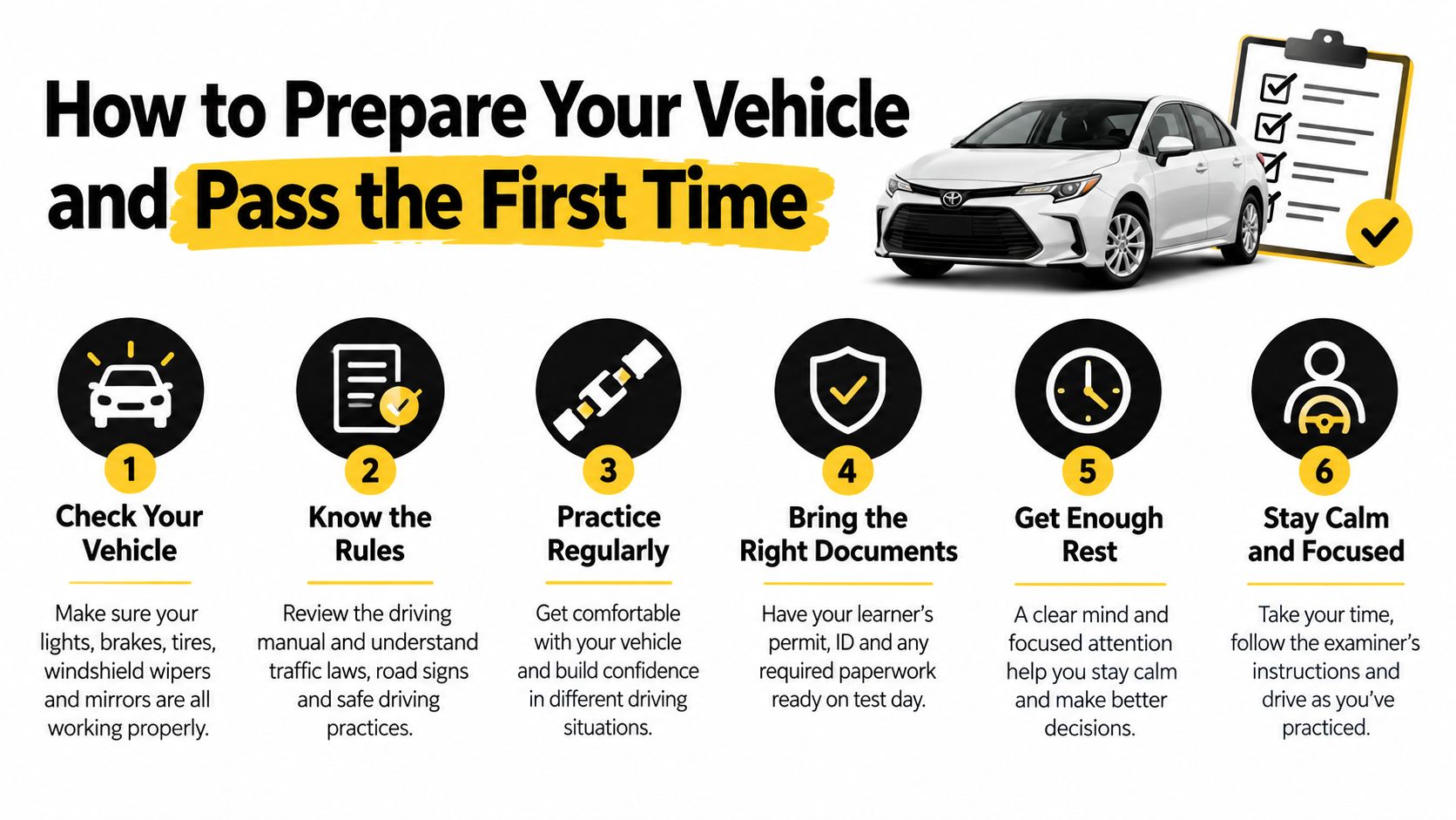A six-step infographic guide on how to prepare your vehicle and pass your driving test successfully.