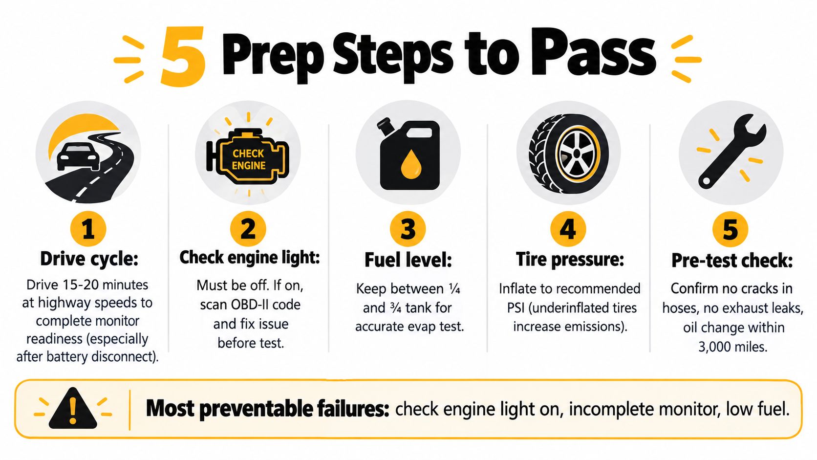 An infographic showing five essential steps to prepare a vehicle for passing an emissions test.
