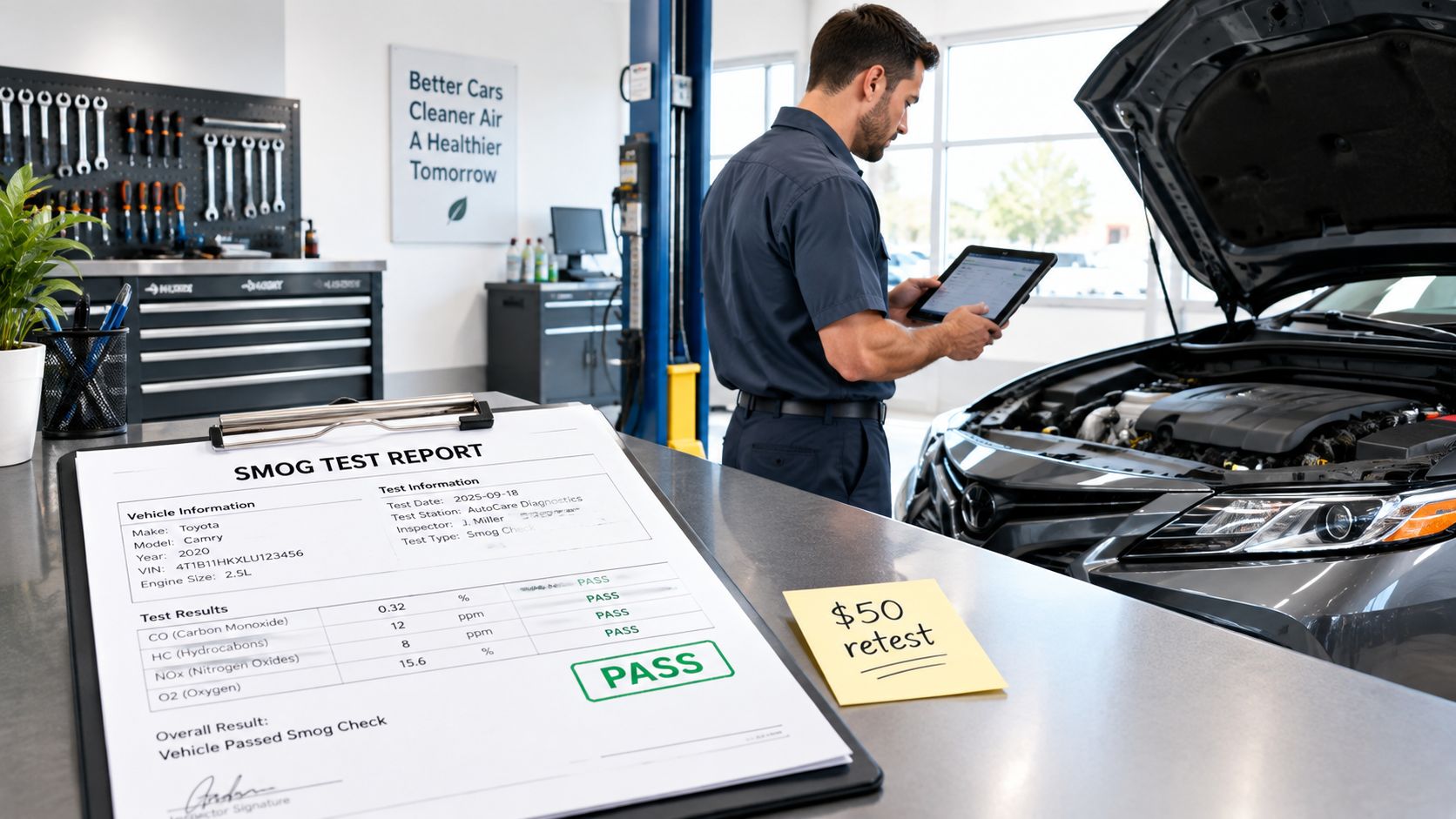A technician inspects a Toyota Camry while a Smog Test Report document sits on the foreground table.