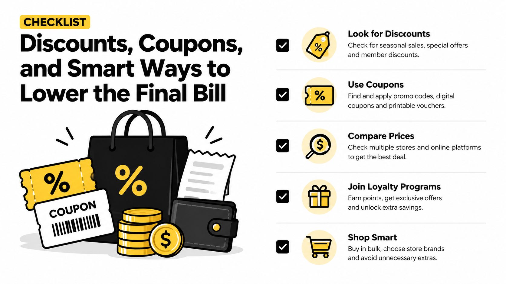 A checklist infographic titled Discounts, Coupons, and Smart Ways to Lower the Final Bill for shoppers.