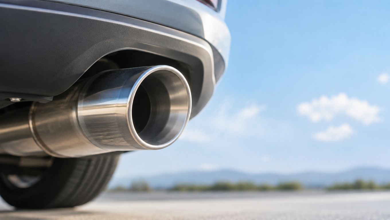 A close-up shot of a car's metallic exhaust pipe against a bright, blurred blue sky background.