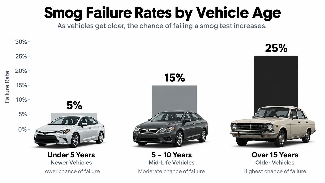 A bar chart showing the smog failure rates of vehicles increasing as the vehicles get older.