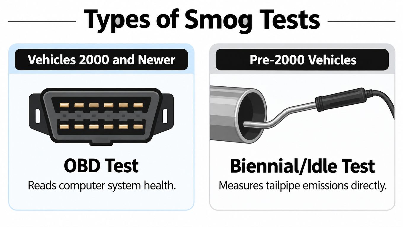A graphic showing different smog test methods for vehicles, comparing OBD tests for modern cars and tailpipe tests.