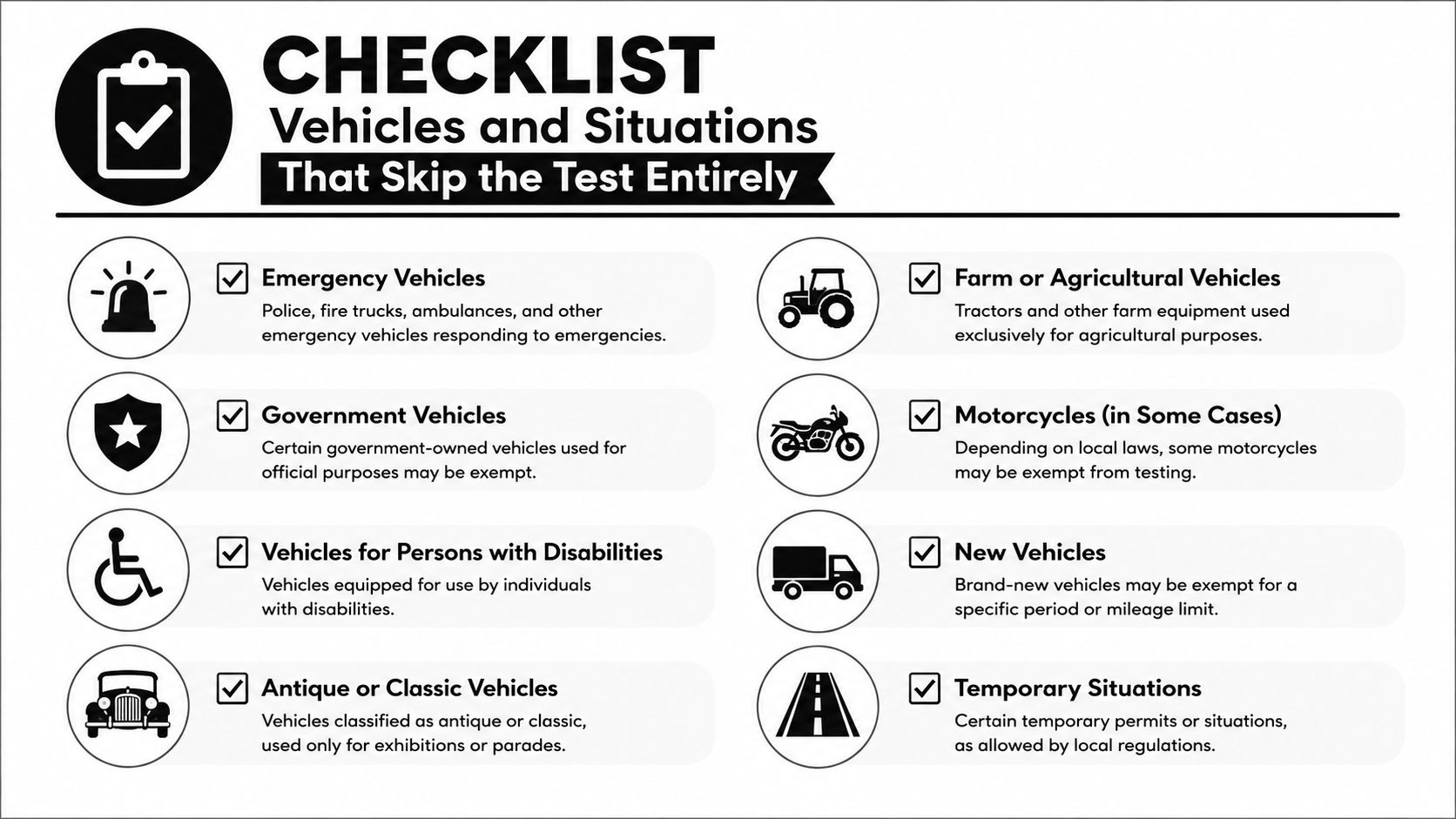 A checklist infographic titled Vehicles and Situations That Skip the Test Entirely, listing eight vehicle exemption categories.
