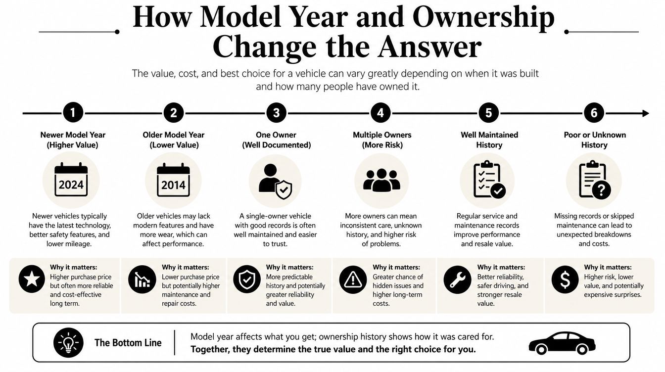 An infographic detailing how vehicle model year and ownership history impact total ownership value and long-term costs.