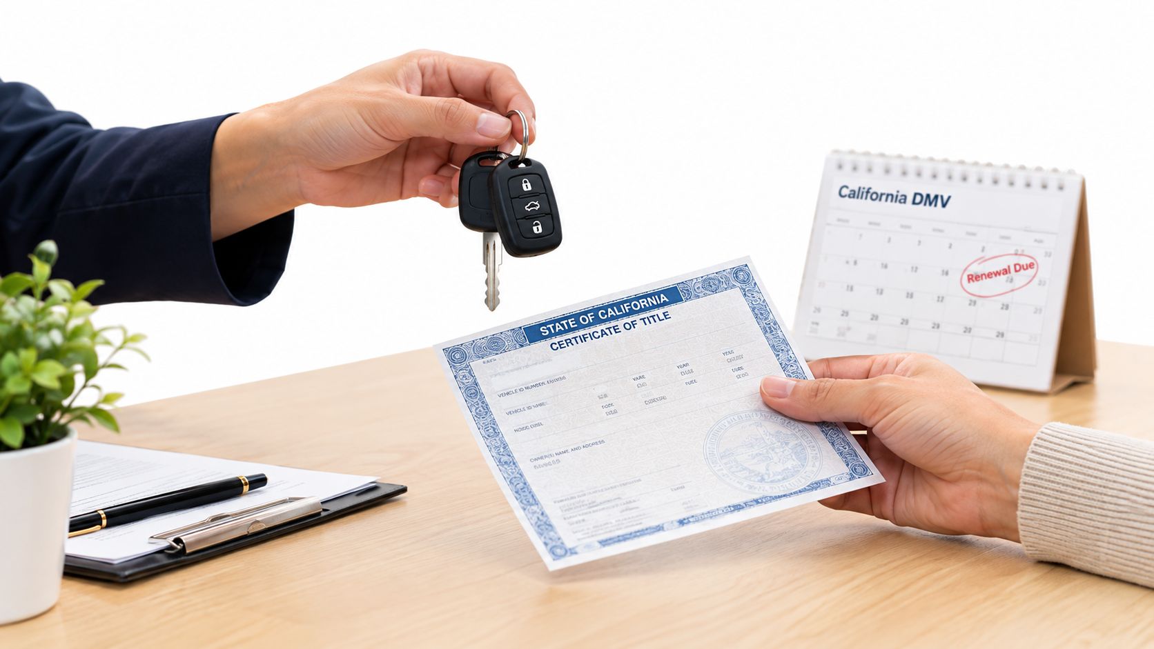 A person handing over car keys and a California certificate of title to another individual at a desk.