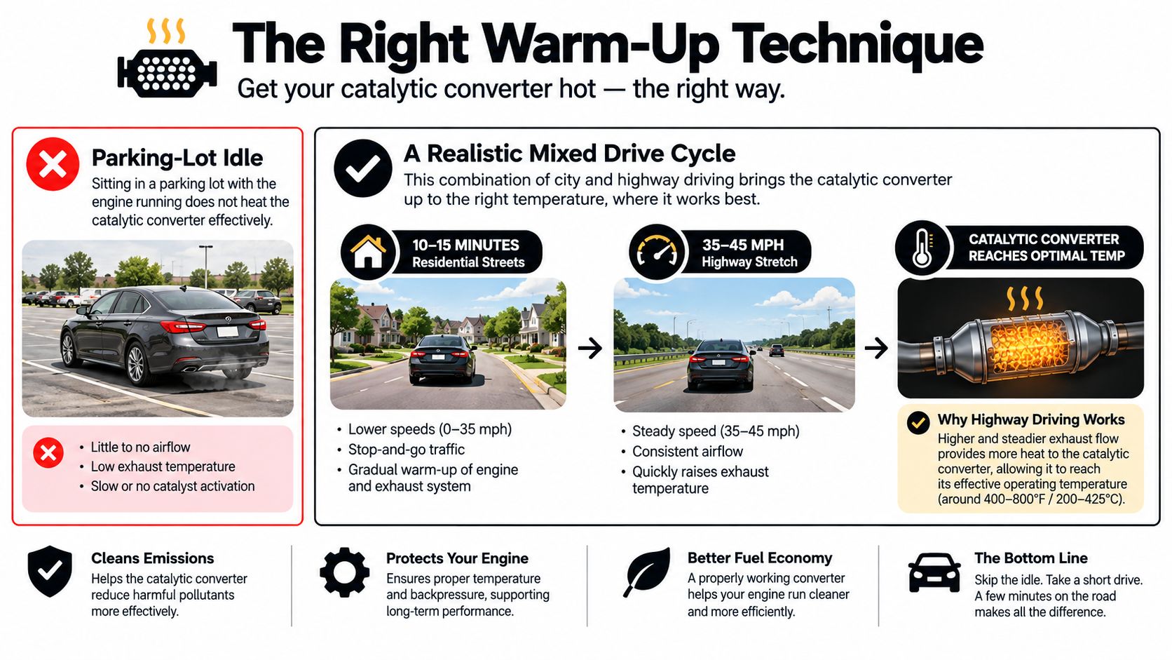 An infographic explaining how to properly warm up a vehicle to optimize the catalytic converter for performance.