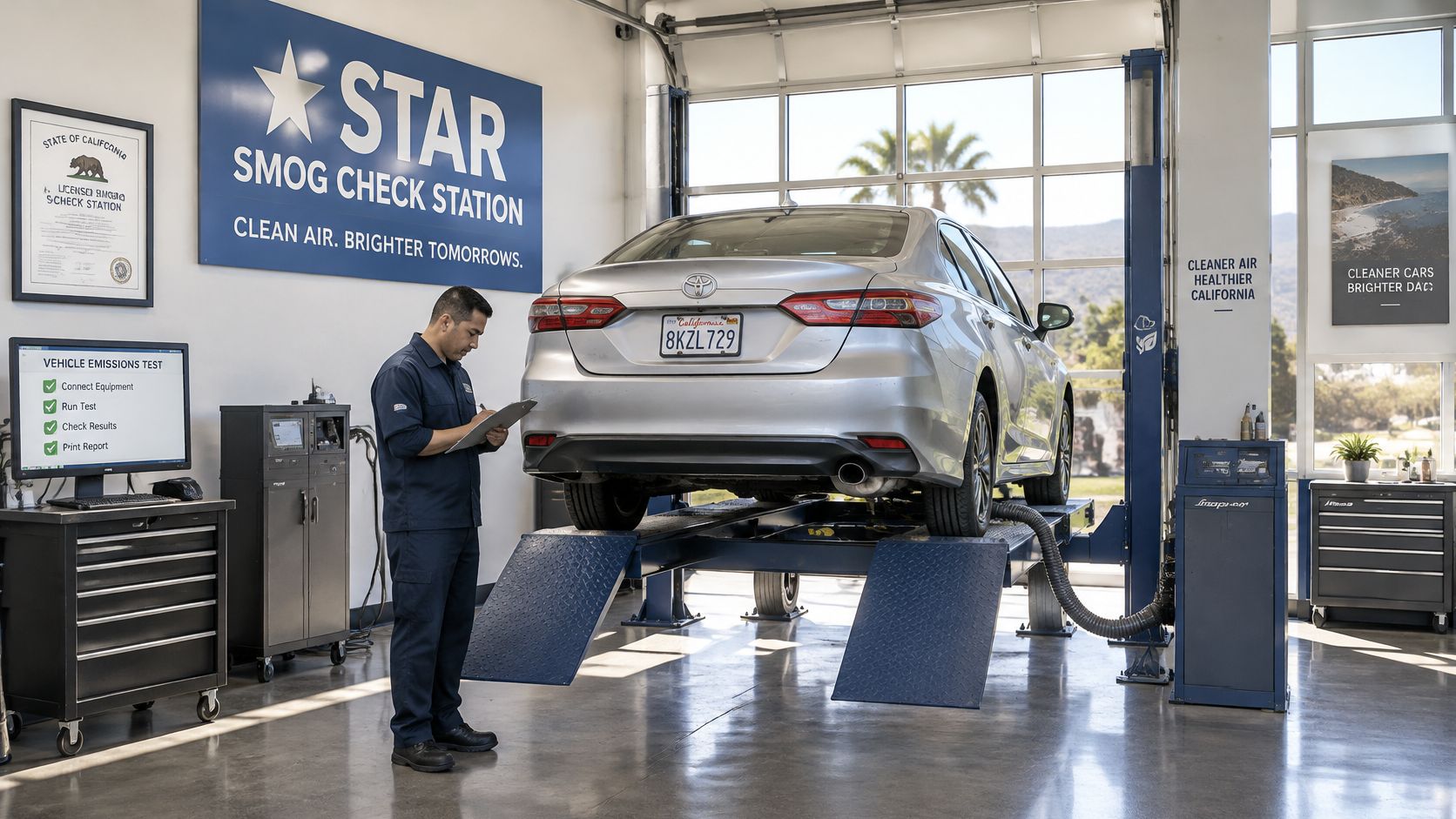 A professional technician filling out a form next to a Toyota car at a California smog station.