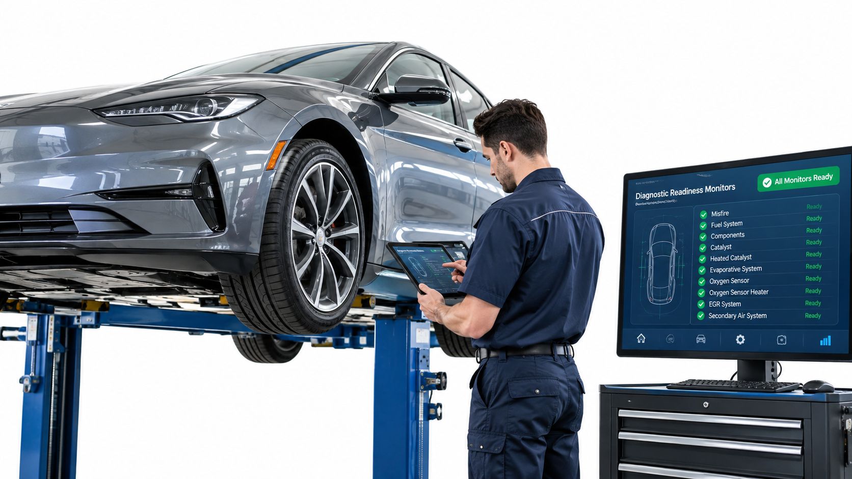A car mechanic inspecting a vehicle on a lift while reviewing diagnostic results on a computer monitor.