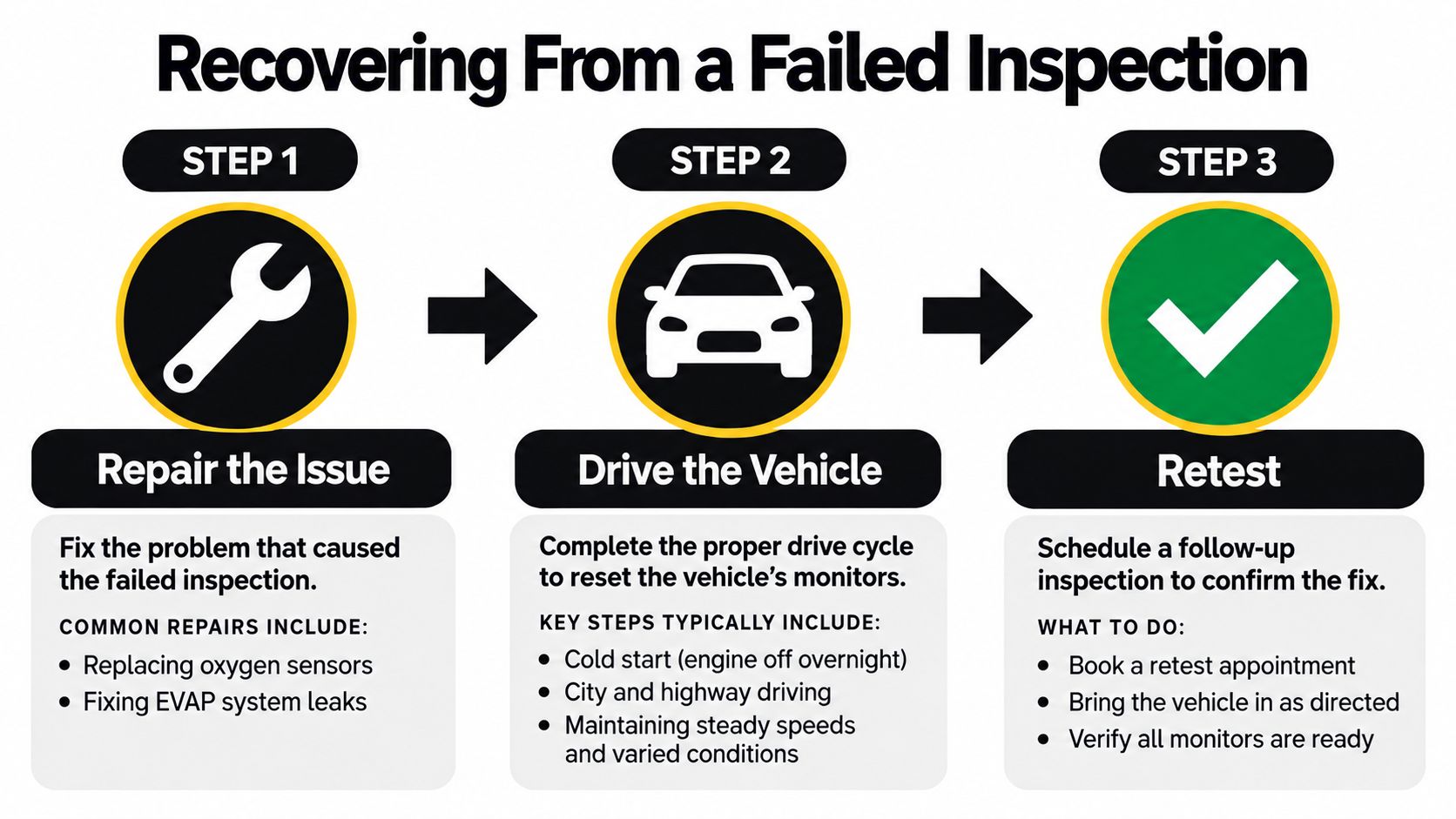 A three-step infographic explaining the process for recovering from a failed vehicle inspection through repairs and testing.