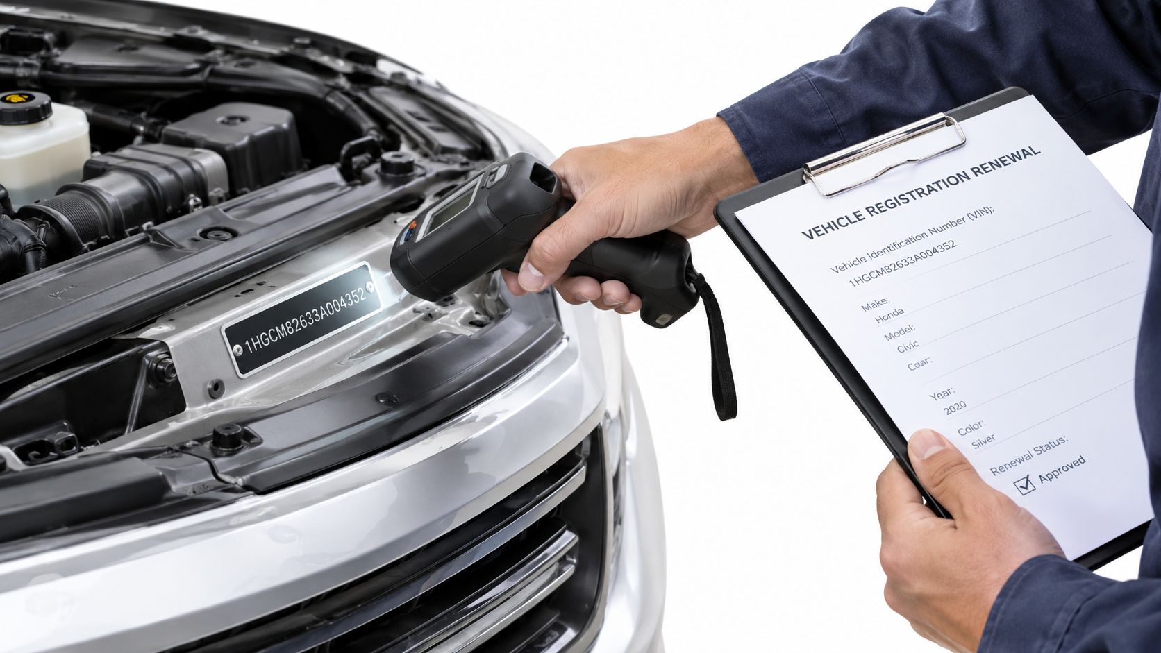 An automotive technician using a barcode scanner to verify a car VIN number for vehicle registration renewal.