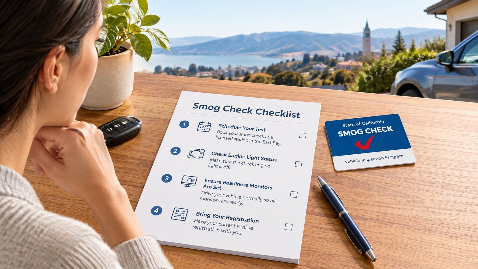 A woman reviewing a Smog Check Checklist document on a wooden table outdoors with a car nearby.