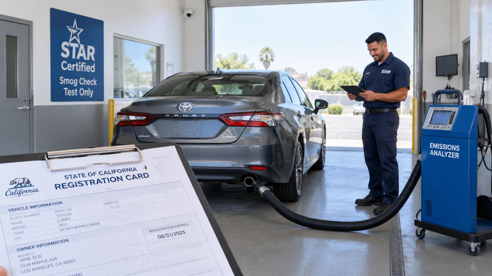A technician performing a smog check on a Toyota Camry in a certified California emission testing facility.