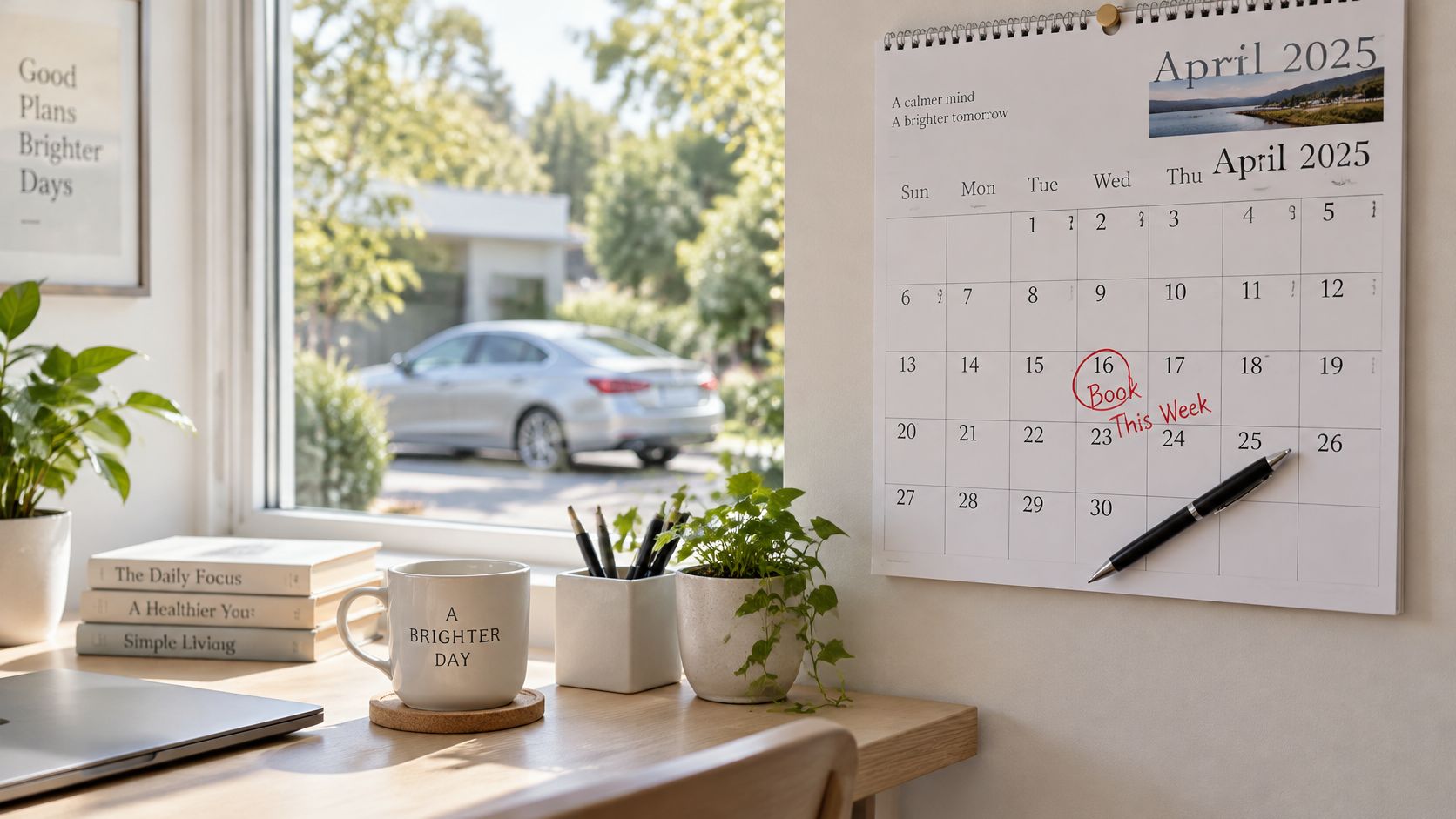 A cozy home office workspace with a calendar on the wall, coffee mug, and car outside.