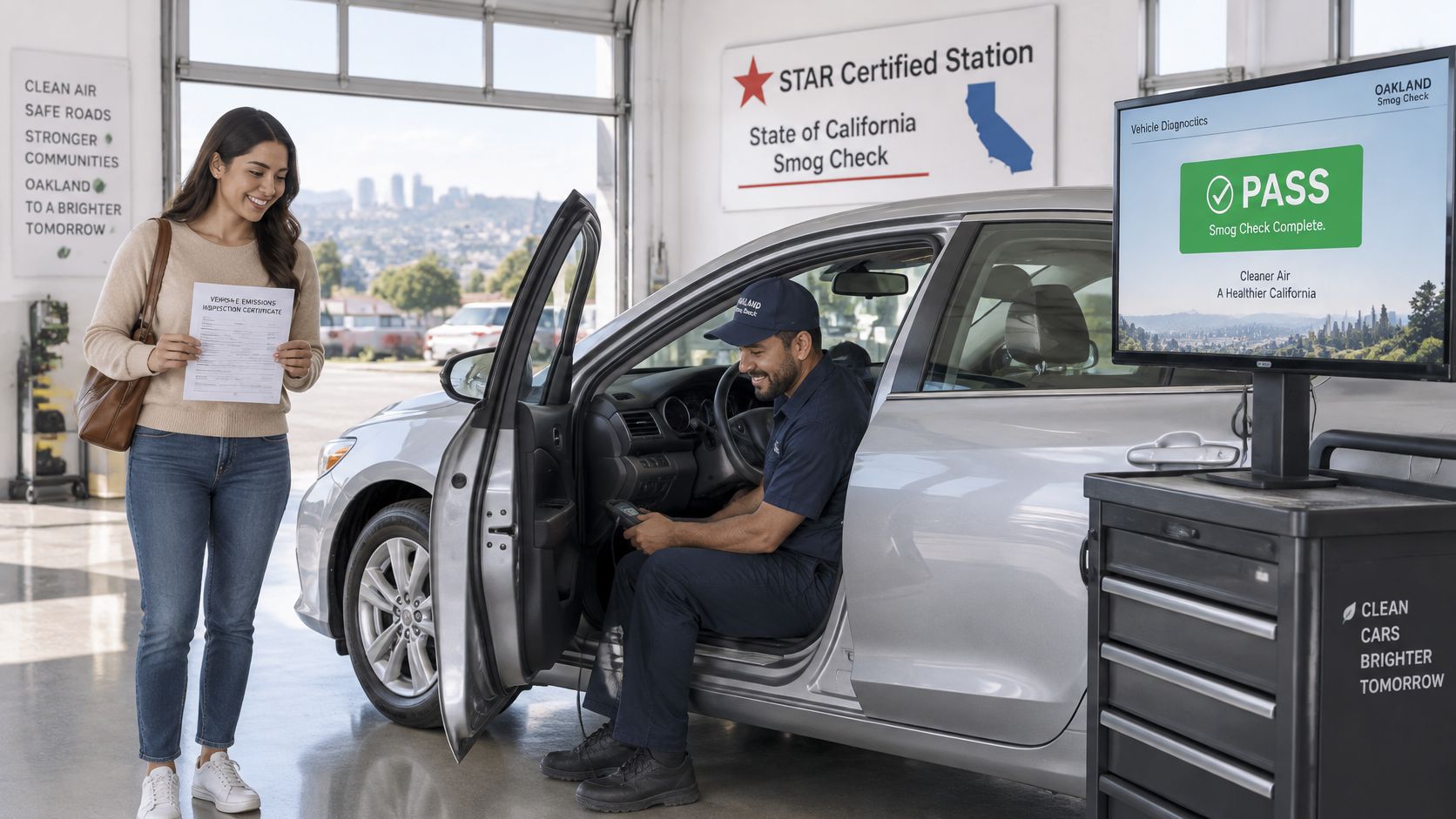 A technician performing a smog check on a car for a smiling customer at an Oakland station.