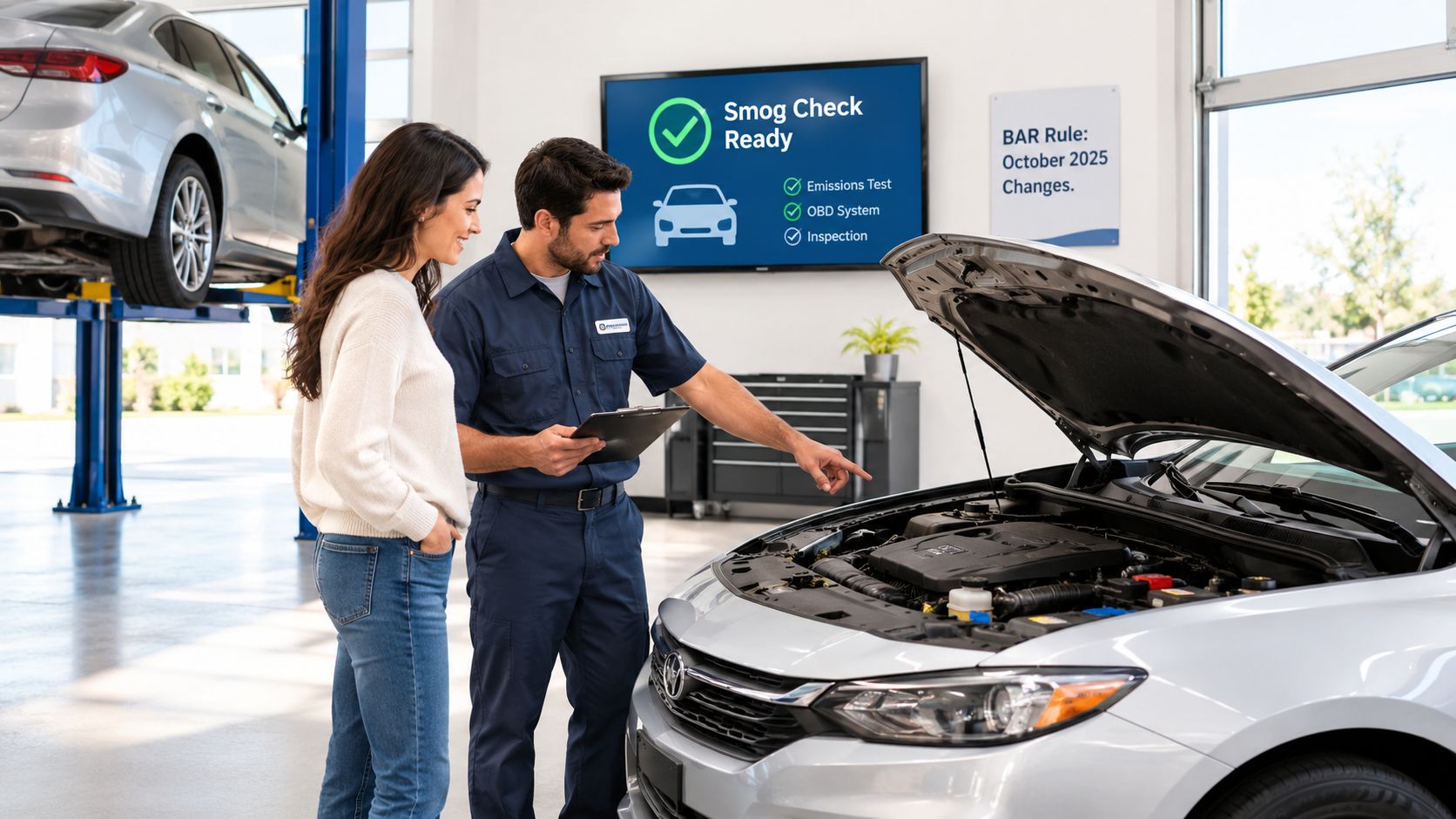 A mechanic explains car engine inspection results to a female customer in a professional auto repair shop.
