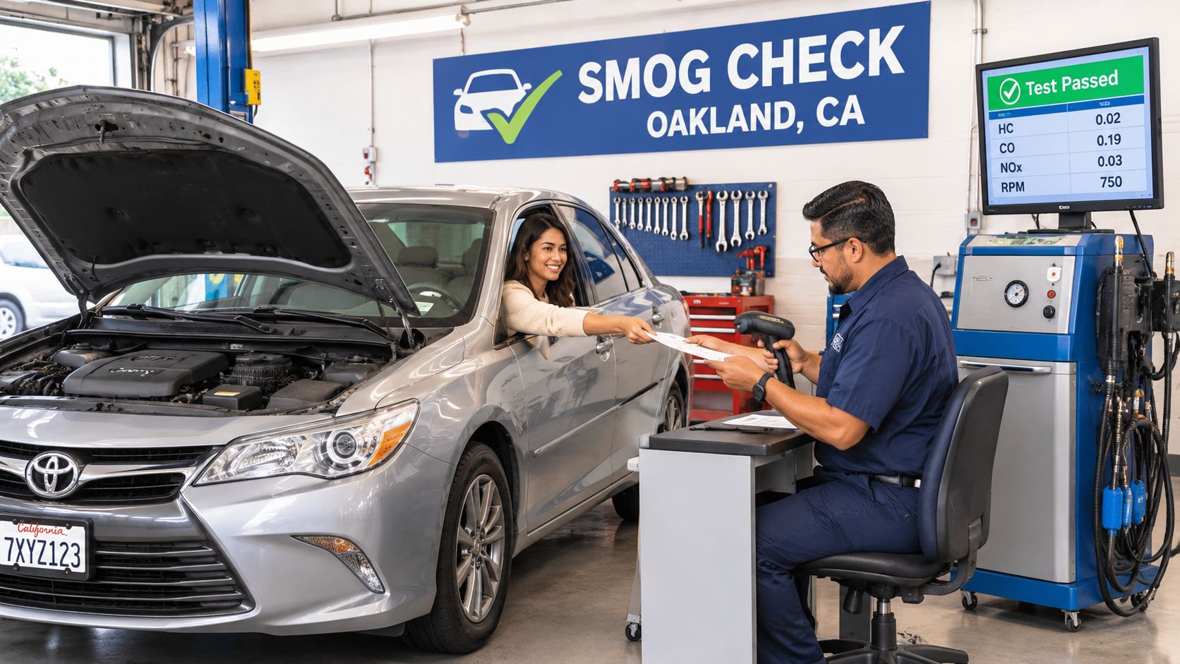 A woman hands paperwork to a technician at a smog check station in Oakland, California.