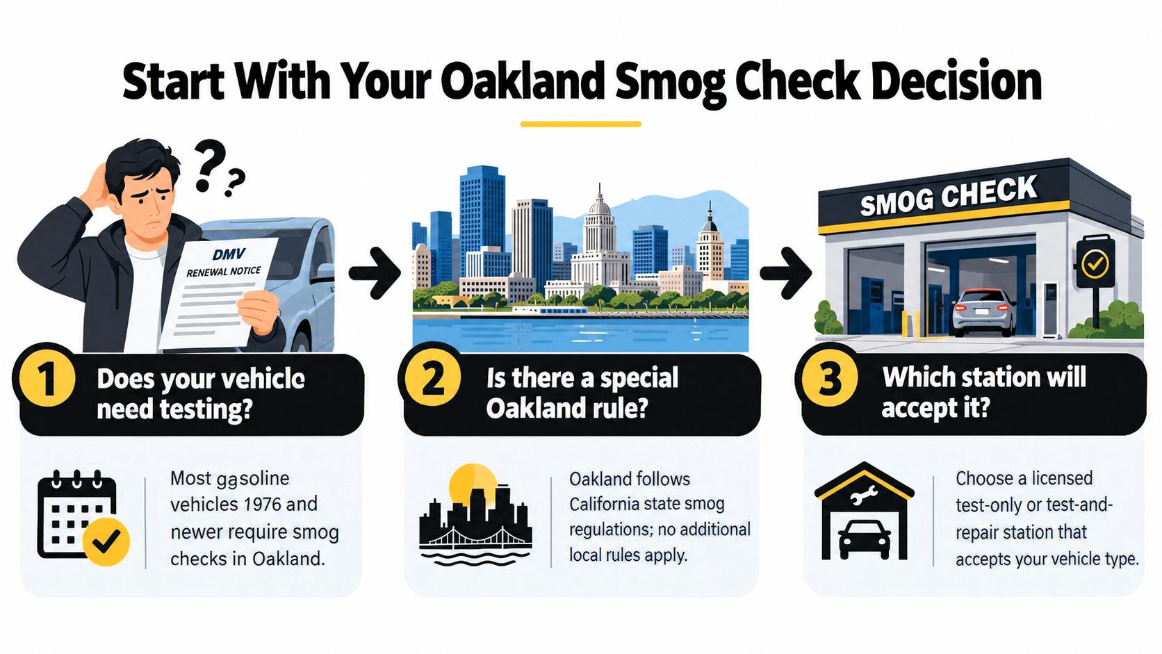 A three-step infographic explaining how to determine if your vehicle needs a smog check in Oakland, California.