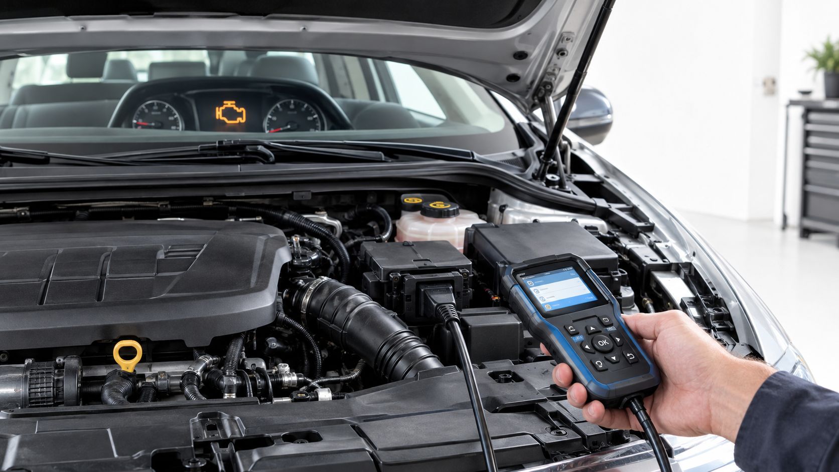 A technician uses an OBD2 diagnostic tool to scan a vehicle engine for potential issues and faults.