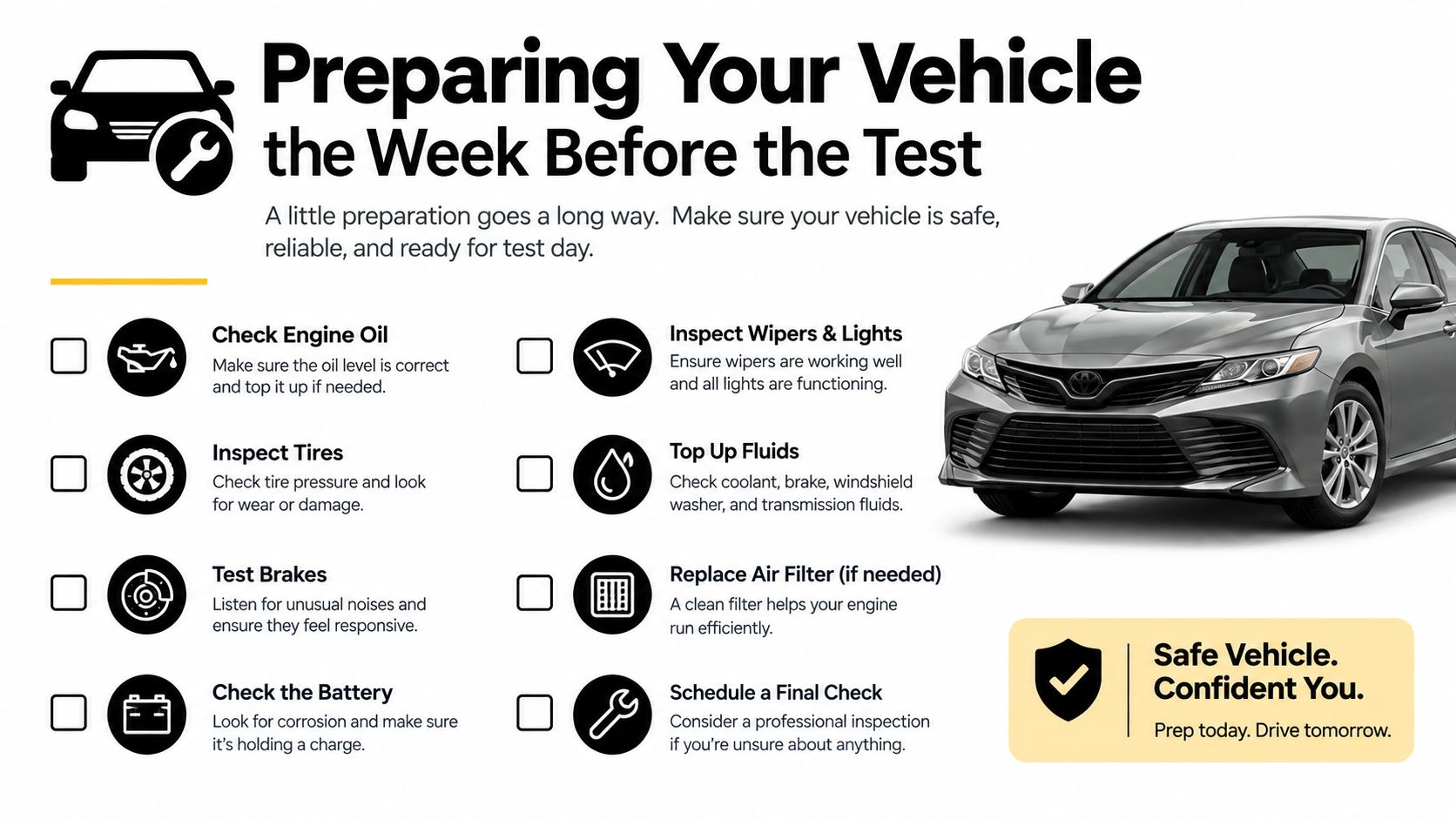 A checklist for preparing a vehicle for a test, including engine oil, tires, brakes, battery, and fluid maintenance.