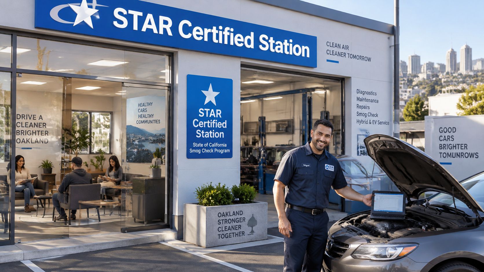 A friendly auto technician performing a vehicle diagnostic test at a STAR certified smog check station in Oakland.