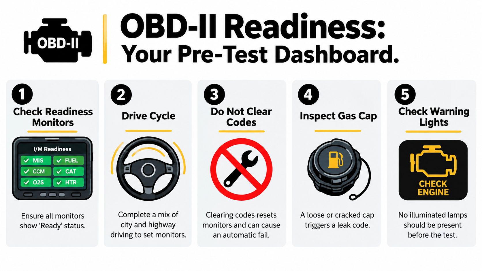 An infographic detailing five essential steps to prepare a vehicle for an OBD-II emissions readiness test.