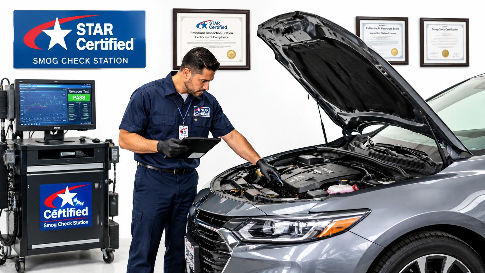 A professional mechanic in a blue uniform inspecting a vehicle's engine at a Star Certified smog check station.