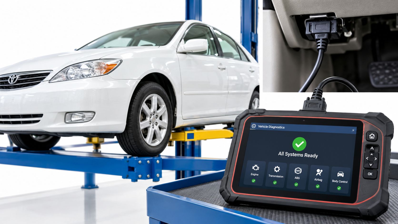 A diagnostic scanner showing all systems ready for a white Toyota sedan on a car lift.