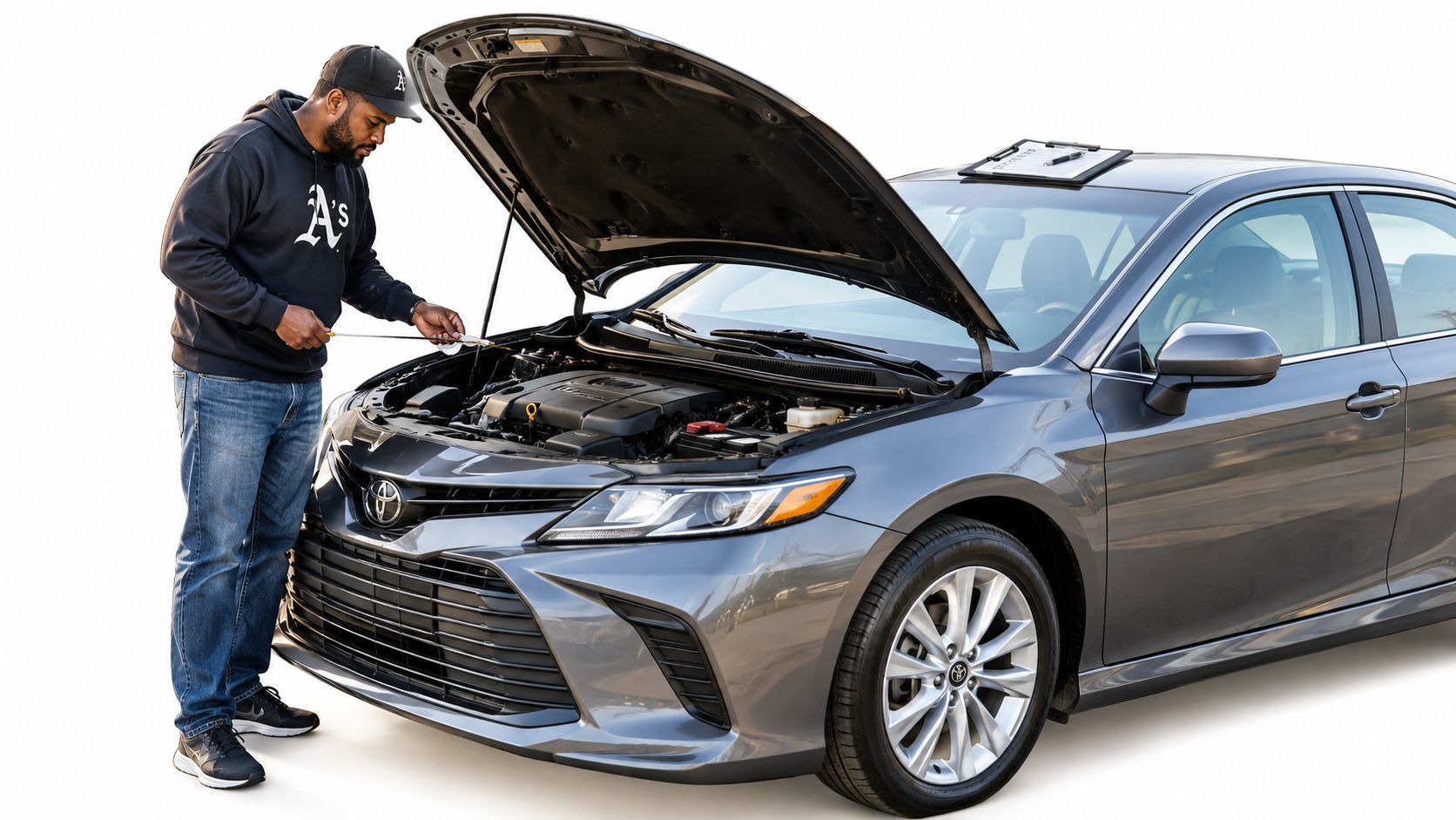 A professional mechanic checking the oil level in a grey Toyota Camry at a vehicle inspection center.